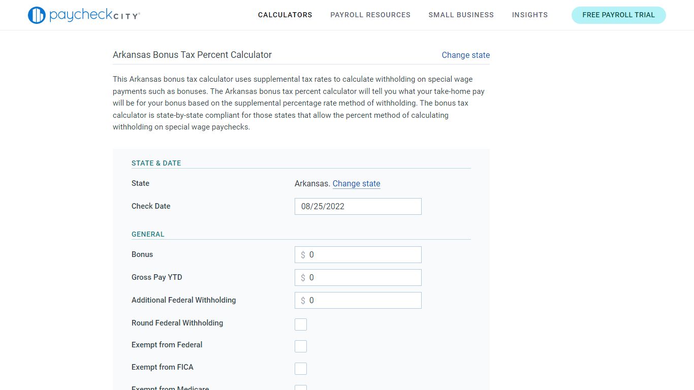 Arkansas Bonus Tax Calculator - Percent · PaycheckCity